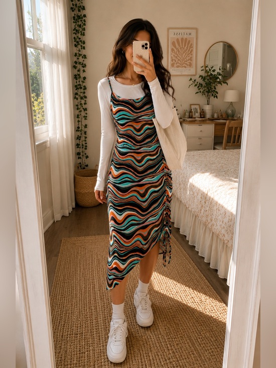 Almost Famous Dresses & Skirts - Y2K Swirl Print Ruched Midi Dress Asymmetrical Hem Retro